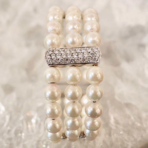 another view of the pearl and diamond cuff bracelet